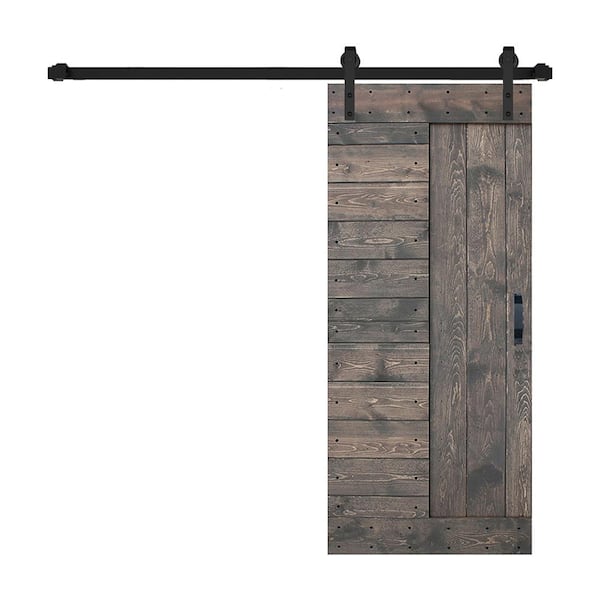 ISLIFE L Series 38 in. x 84 in. Smoky Gray Finished Solid Wood Sliding Barn Door with Hardware Kit - Assembly Needed