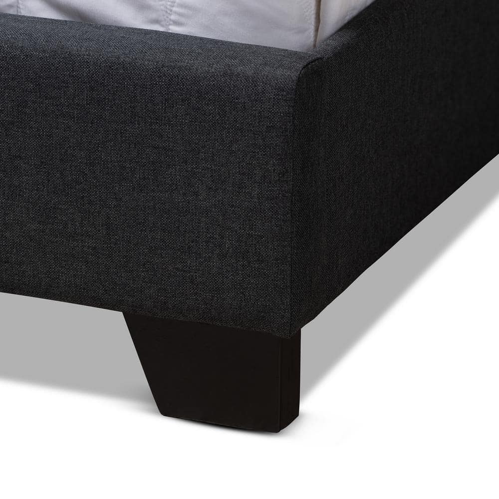 Charcoal Gray Upholstered Queen Bed with Tufted Headboard and Nailhead Trim