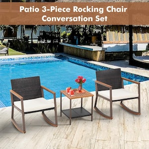 Brown 3-Piece Wicker Rocking Chair Outdoor Bistro Set with White Cushion, Wood Top Table for Porches and Balcony