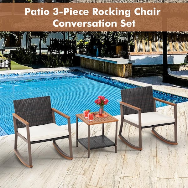 Yangming Brown 3-Piece Wicker Rocking Chair Outdoor Bistro Set with White Cushion, Wood Top Table for Porches and Balcony