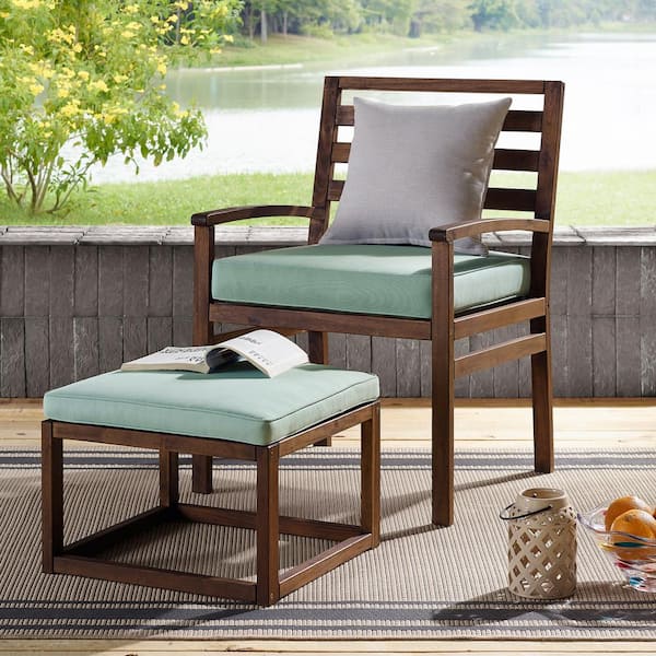 Walker Edison Furniture Company Acacia Wood Outdoor Patio Chair and Pull Out Ottoman - Dark Brown/Blue