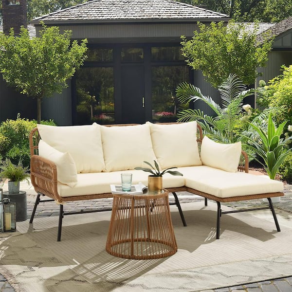 HOMMOW 3 Pieces L-Shaped Wicker Outdoor Sectional Set Conversation Sets with Beige Cushions and Glass Table