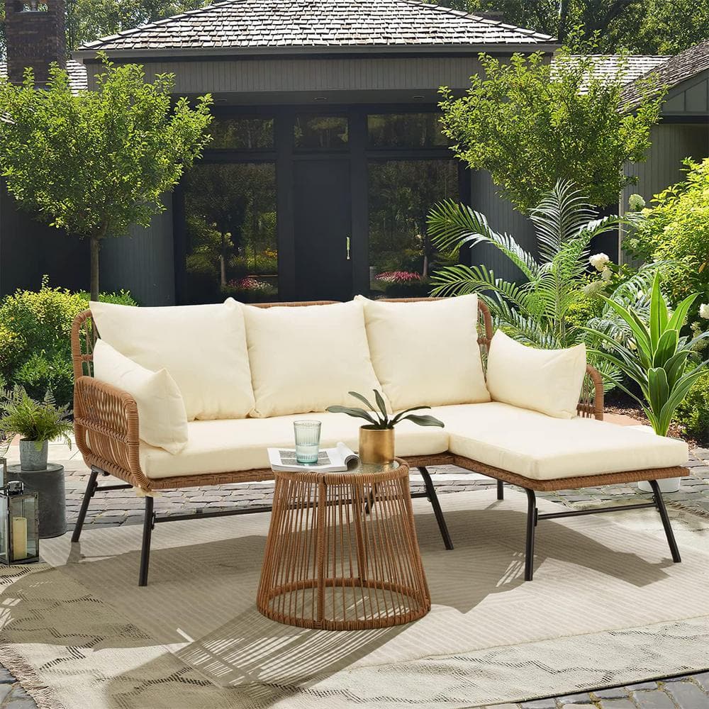 3 Pieces L-Shaped Wicker Outdoor Sectional Set Conversation Sets with Beige
