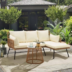 3 Pieces L-Shaped Wicker Outdoor Sectional Set Conversation Sets with Beige Cushions and Glass Table