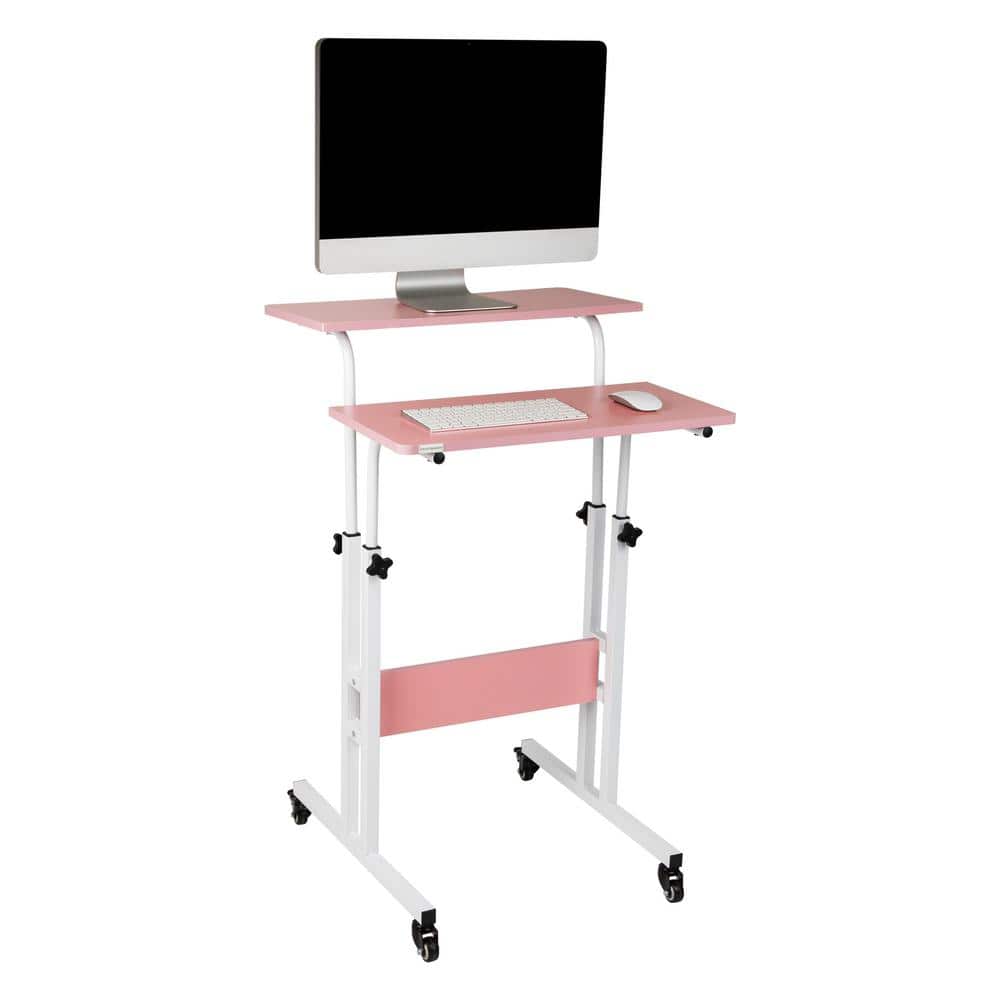 Chic Pink Adjustable Height Wood Standing Desk with Keyboard Tray