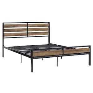 Black Low Profile Metal Frame Queen Platform Bed with Wood Finish Panels