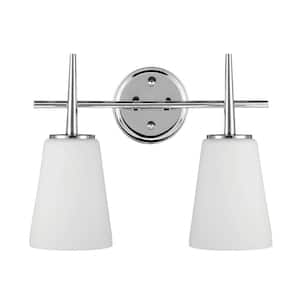 Driscoll 15.5 in. 2-Light Contemporary Modern Chrome Wall Bathroom Vanity Light with Etched White Glass Shades