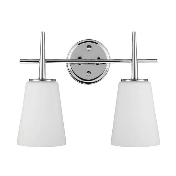 Generation Lighting Driscoll 15.5 in. 2-Light Contemporary Modern Chrome Wall Bathroom Vanity Light with Etched White Glass Shades