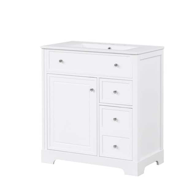 30 in. W x 18 in. D x 36 in. H Freestanding Bath Vanity in White with White Ceramic Top, Doors and Drawers