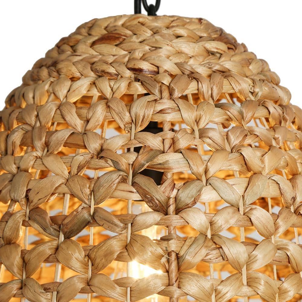 Holophankton 15" Matte Black and Natural Rattan Dome Pendant Light
