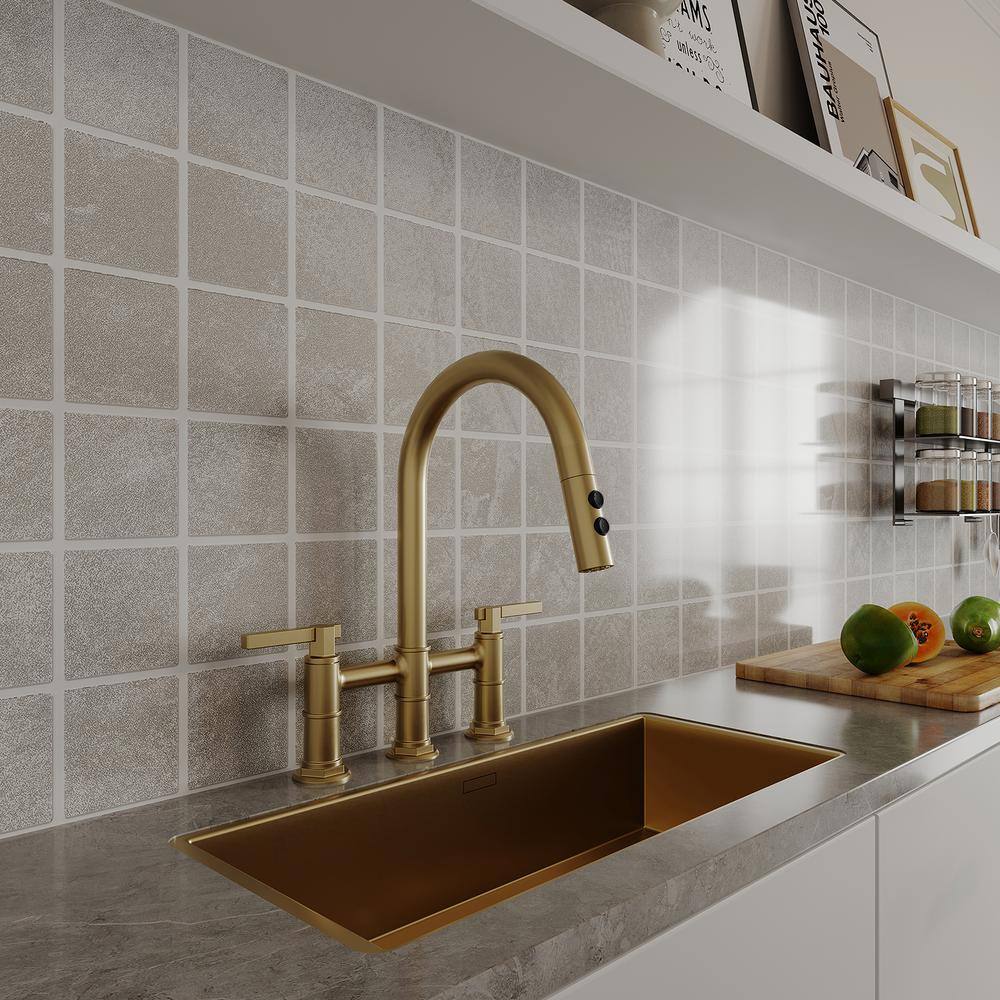 Brushed Gold Double Handle Bridge Kitchen Faucet with 360 Degree Swivel Spout