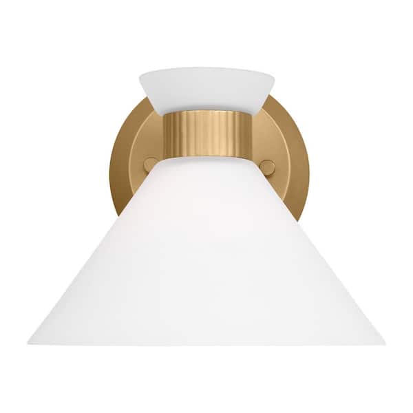SCOTT LIVING Belcarra 7.5 in. W x 6.625 in. H 1-Light Satin Brass Bathroom Wall Sconce with Etched White Glass Shade