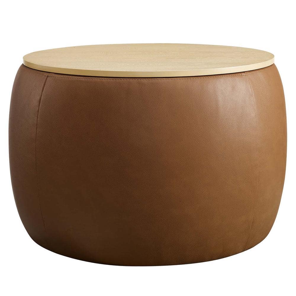 Tan Round Vegan Leather Storage Ottoman with Tray Lid