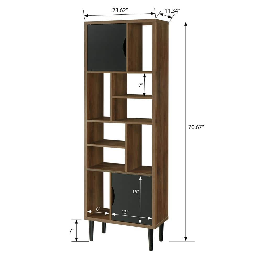 Tall Black and Danish Walnut Wood Bookcase with Doors