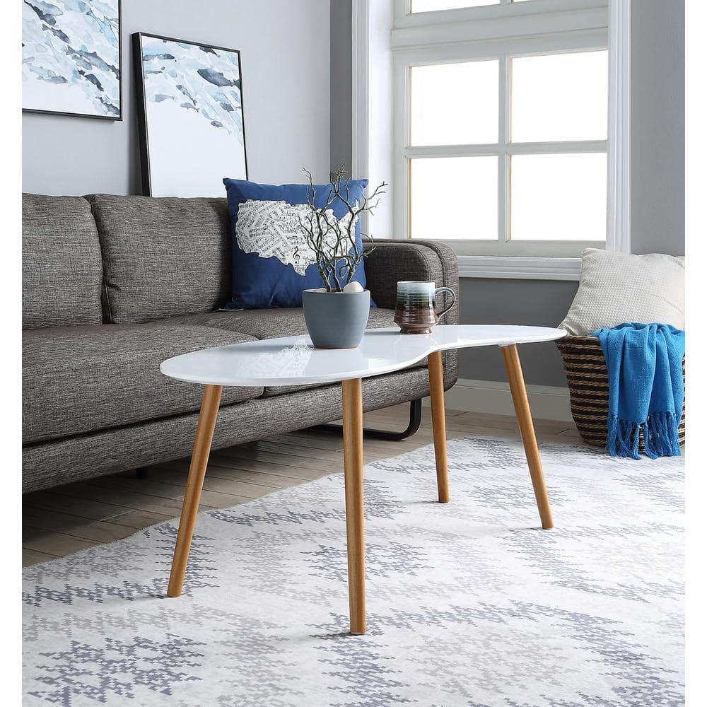 Mid-Century Modern Oslo Bean Shaped Coffee Table with Storage, White/Natural