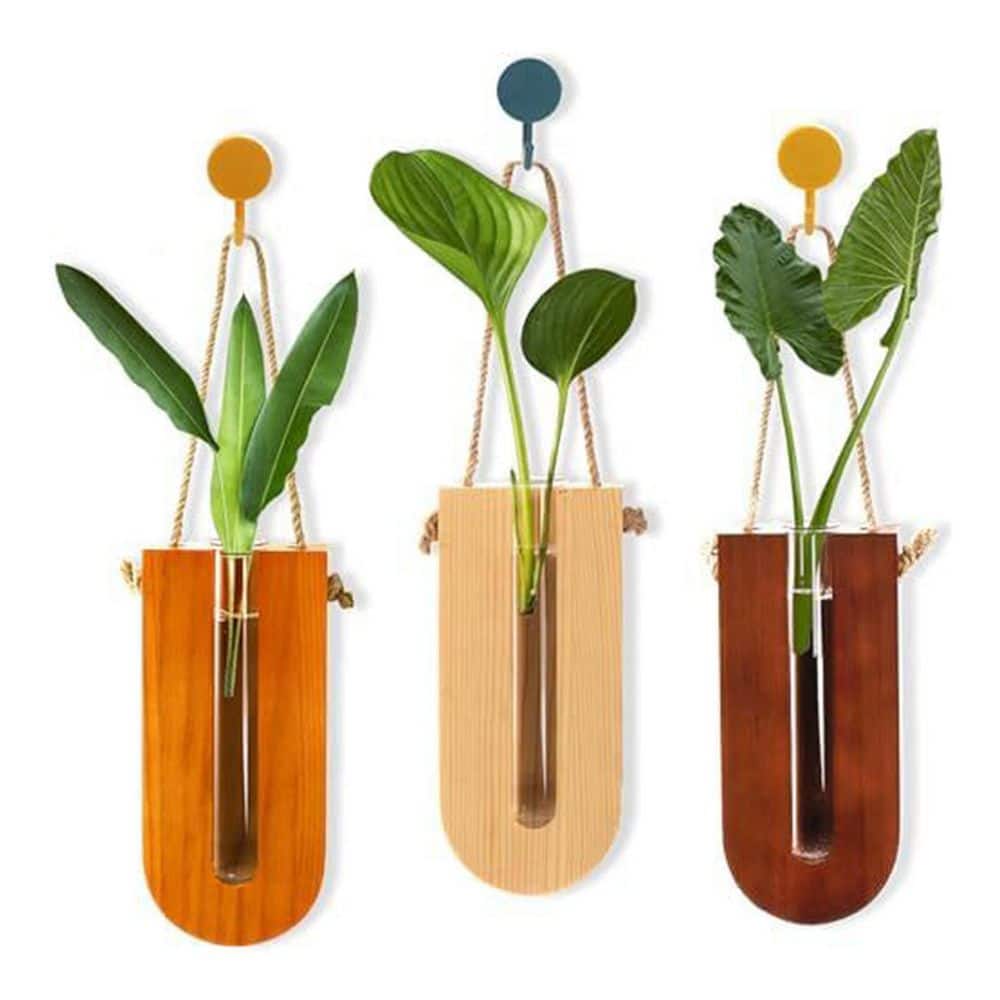 3-Pack 6 in. Wood Hanging Planters with Glass Tubes, Bohemia Style Wall Vases for Hydroponics Plants and Dried Flowers price history on PriceWatchPro