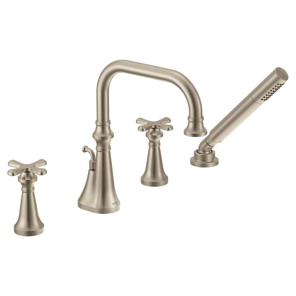 MOEN Colinet 2-Handle Deck-Mount Roman Tub Faucet Trim with Cross Handles Handshower and Valve Required in Brushed Nickel