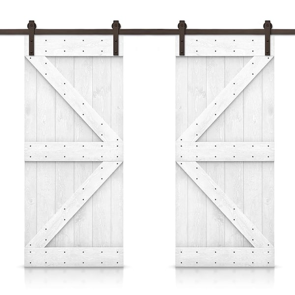 CALHOME K Series 60 in. x 84 in. Pre-Assembled White Stained Wood Interior Double Sliding Barn Door with Hardware Kit