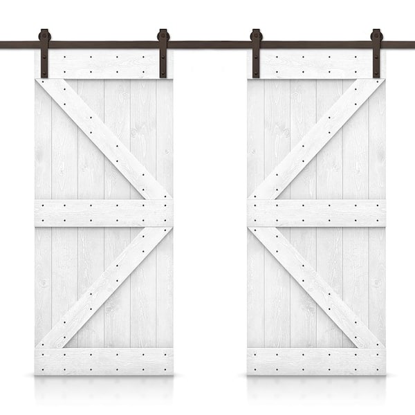CALHOME 84 in. x 84 in. K Series White Stained DIY Solid Knotty Pine Wood Interior Double Sliding Barn Door With Hardware Kit