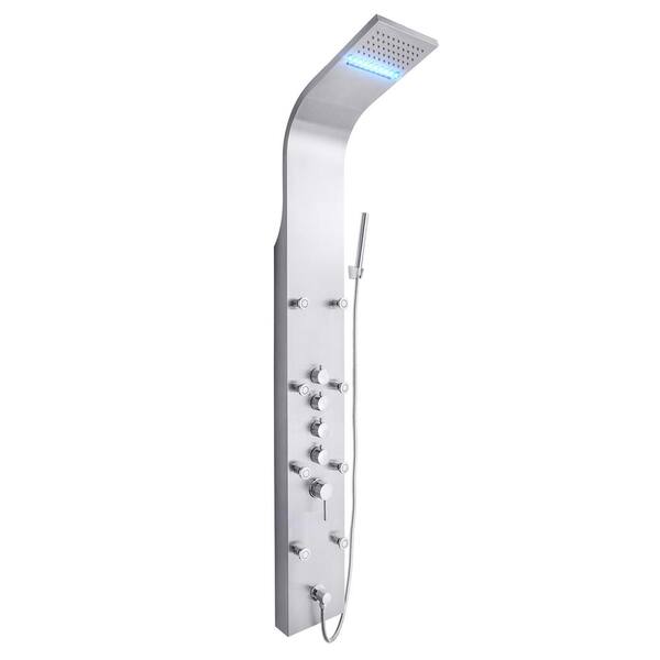 AKDY 63 in. 8-Jet Shower Panel System in Stainless Steel with Rainfall Waterfall LED Shower Head and Hand Shower Wand