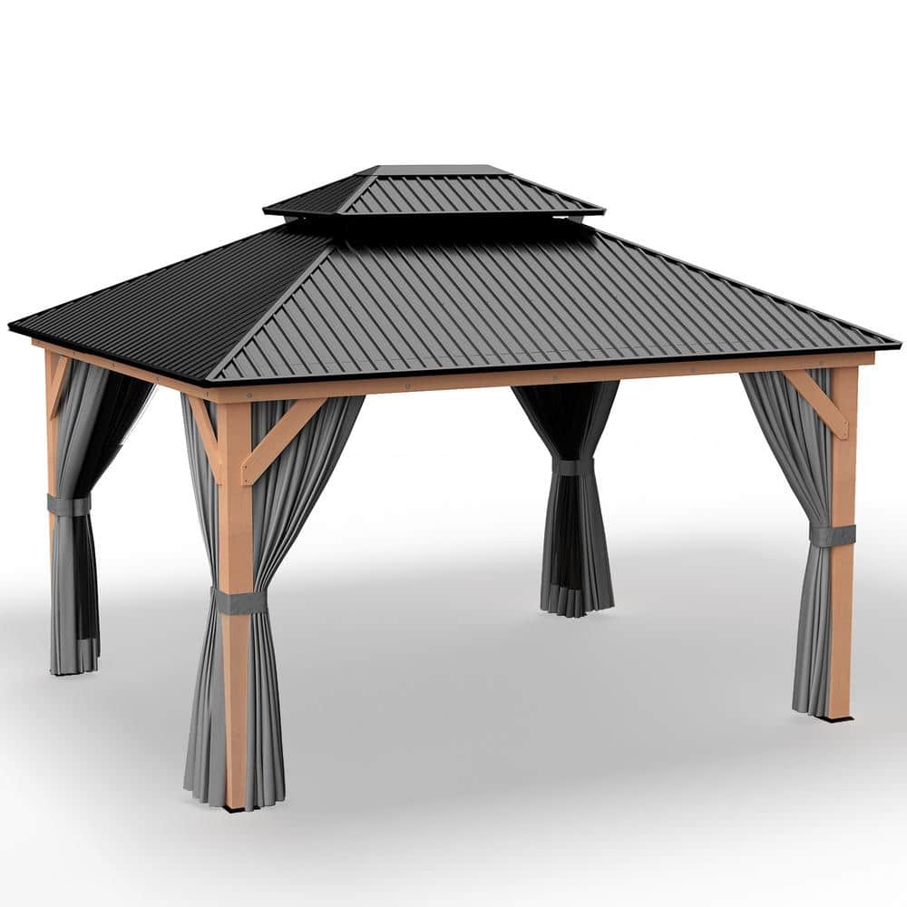 11' x 13' Wooden Patio Gazebo with Black Metal Roof and Gray Curtains