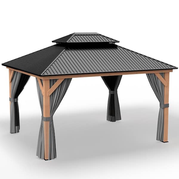 ChillPavilion 11 ft. x 13 ft. Wooden Patio Gazebo with Double Roof, Hardtop, Netting, and Gray Curtains