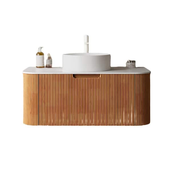 36 in. W x 19 in. D x 19 in. H Single Sink Wall-Mounted Bath Vanity in Natural Wood with White Engineered Marble Top