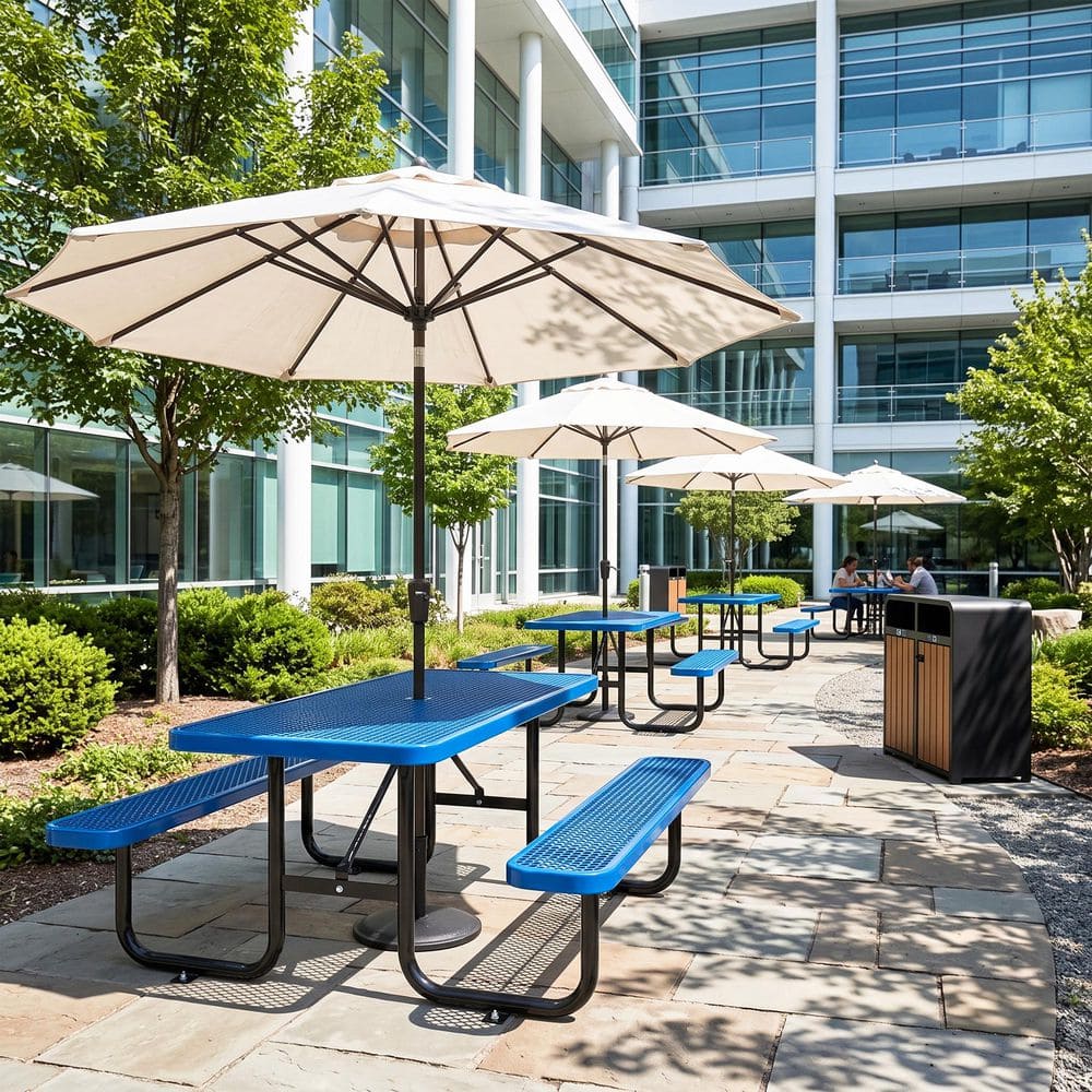 72 in. Rectangle Steel Picnic Table for Outdoor, Patio Furniture Set with Umbrella Hole, Blue