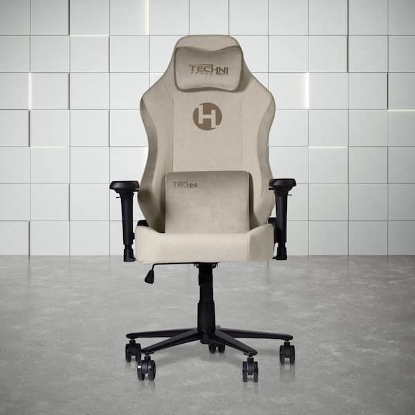 Techni Sport Fabric Reclining Gaming Chair in Beige with Adjustable Arms and Memory Foam Seat and Back