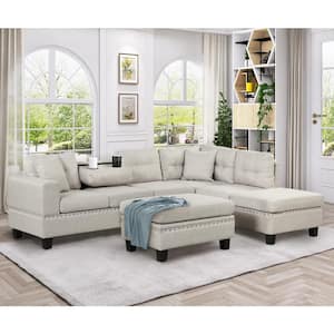 105 in. Square Arm 3-Piece Linen L-Shaped Sectional Sofa in Light Gray with Convertible