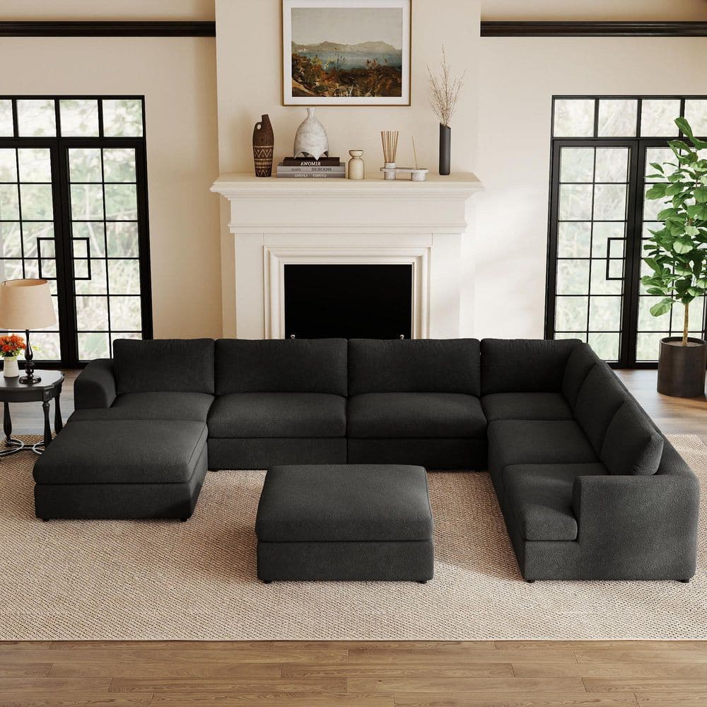 157.48 in. Square Arm 8‑piece Boucle Fabric Modular Slipcovered Sectional Sofa with Ottomans in Black