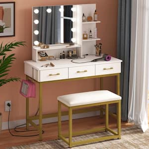 3-Drawers White Wood LED Light Makeup Vanity Sets with Hooks and Bulid-in Outlets