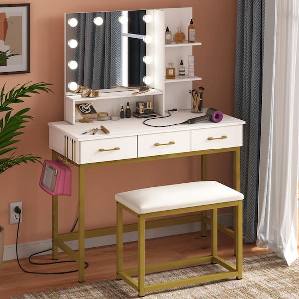 Makeup Vanity with Lighted Mirror & Power Outlet, White Vanity Set Vanity  Desk, Makeup Vanity Table 3 Lighting Colors, Brightness Adjustable