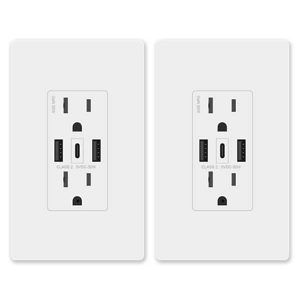 White 6 Amp Tamper Resistant Standard Outlet with 2 USB Type A & 1 Type C Port Charger 2-Pack for iPhone, iPad, Samsung,