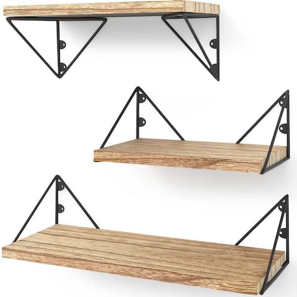 Unbranded Rustic Natural Wood Pine Wood Floating Shelf (Set of 3)