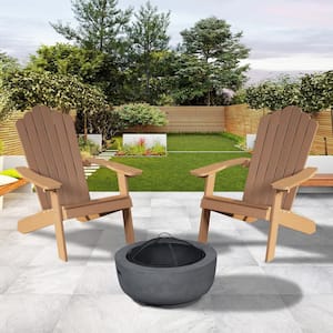 Lanier Light Brown 3-Piece Recycled Plastic Patio Conversation Adirondack Chair Set with a Grey Wood-Burning Firepit