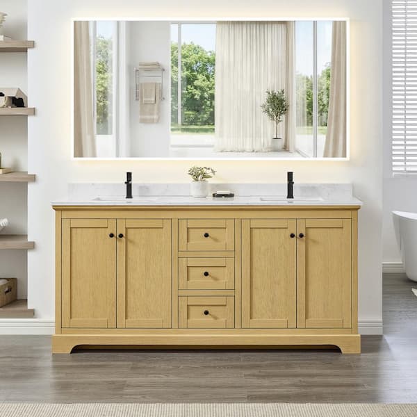 Avery 72 in. Double Freestanding Honey Oak with Matte Black Trim Bath Vanity with Carrara Cultured Marble Top