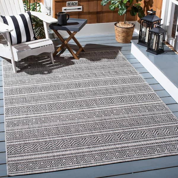 Courtyard Black/Gray 9 ft. x 12 ft. Multi-Striped Indoor/Outdoor Area Rug