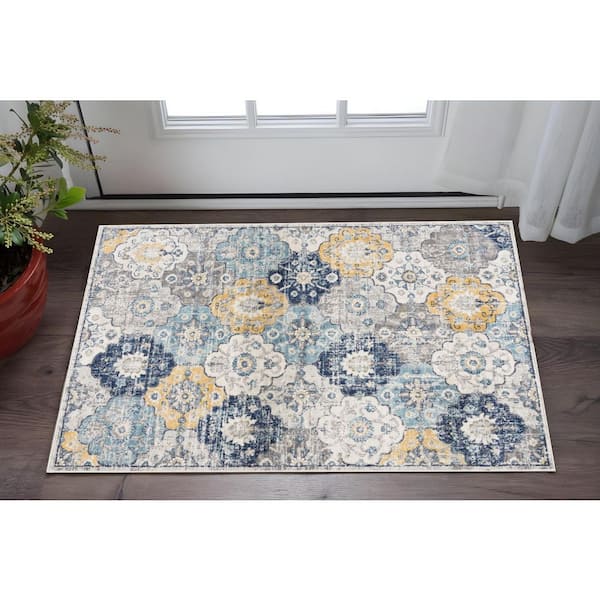 Blue 2 x 3 ft. Woven Floral Rectangle Indoor Area Rug