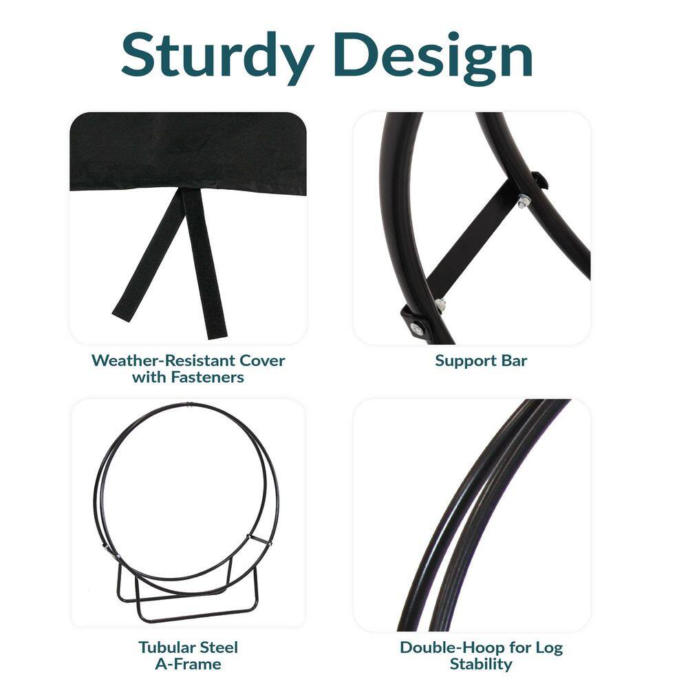 24-Inch Black Steel Firewood Log Hoop Rack with PVC Cover