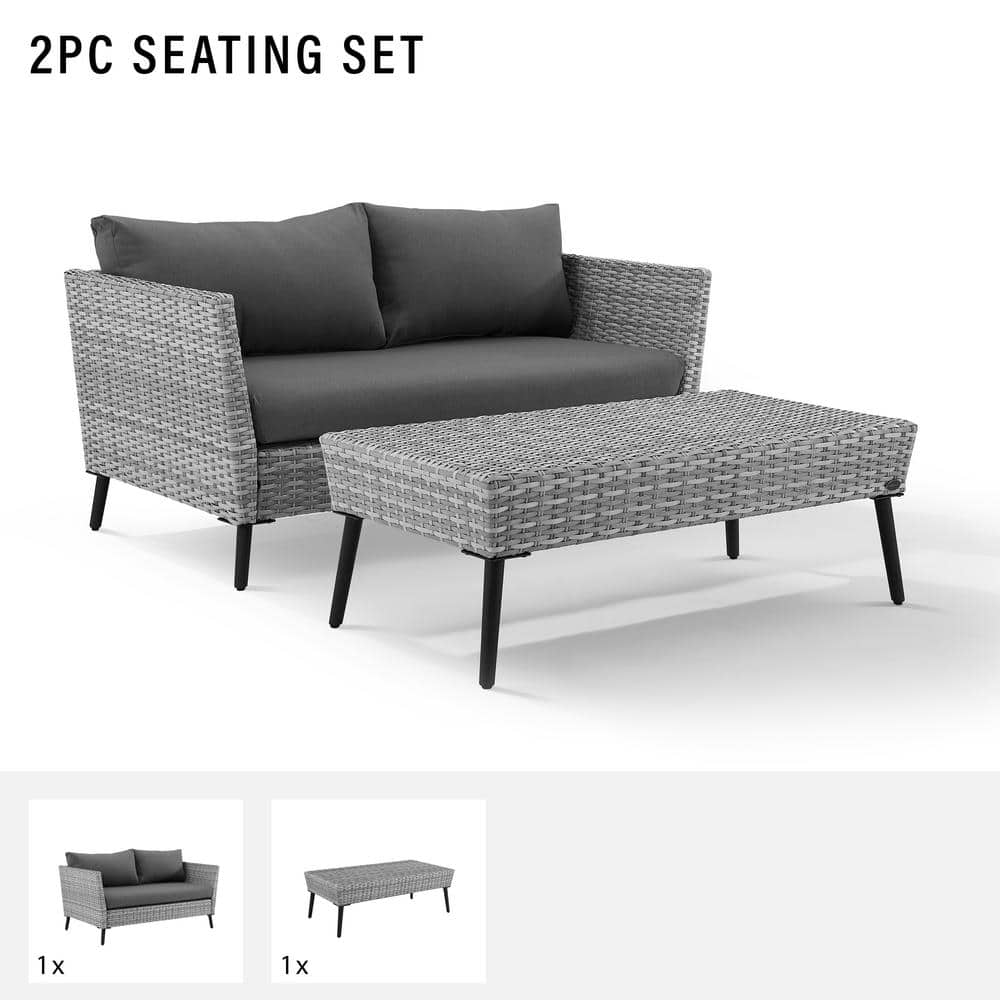Gray Wicker 2-Piece Outdoor Loveseat and Coffee Table Set