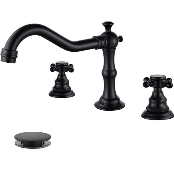 Unbranded Farmhouse 8 in. Widespread Double Handle Bathroom Faucet Three Holes With Pop-up Drain Assembly in Matte Black