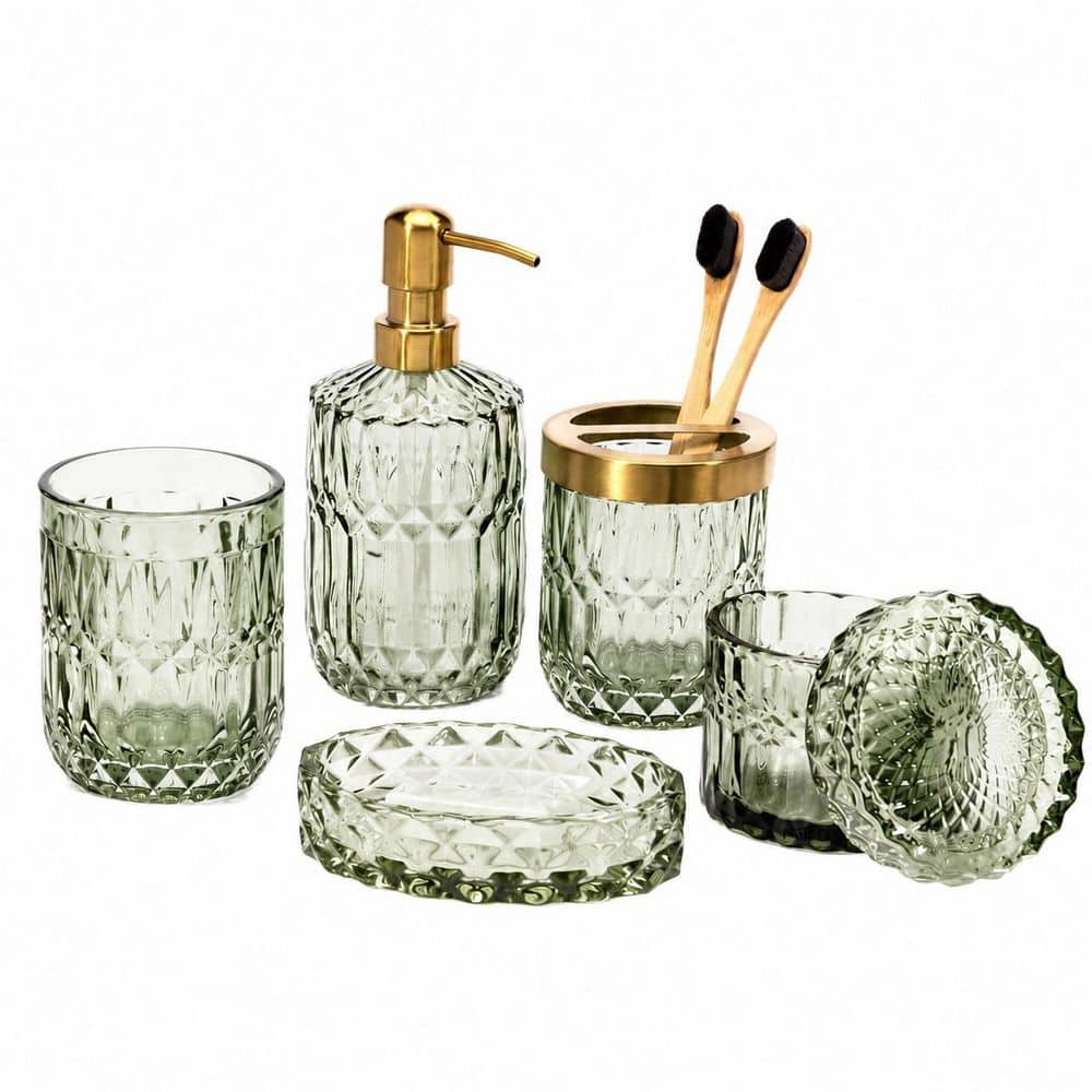 6-Piece Glass Bathroom Countertop Accessory Set with Cotton Swab Jar in Green Finish price history on PriceWatchPro