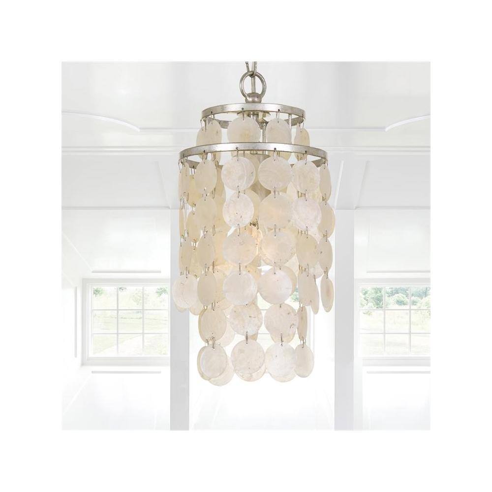 Antique Silver Mini Chandelier with Capiz Shell Accents - 7'' W x 14.5'' H