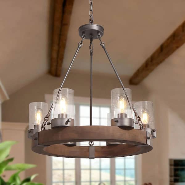 6 Light Antiqued Silver and Aged Wood Farmhouse Rustic Wagon Wheel Chandelier for Kitchen Island with Seedy Glass Shades