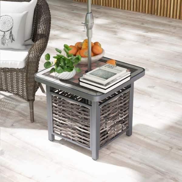 Clihome 21.5 in. Outdoor PE Rattan Side Table Square End Table with Umbrella Hole