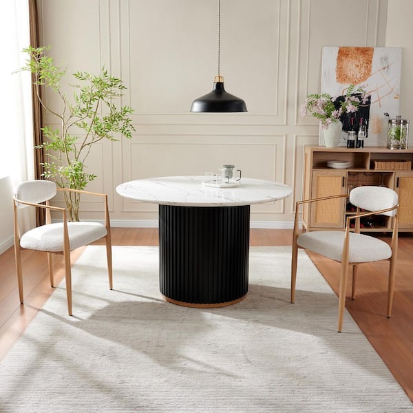 Wood Grain 3-Piece Faux Marble Round Dining Table with Boucle Chairs in White Dining Room Set for Kitchen