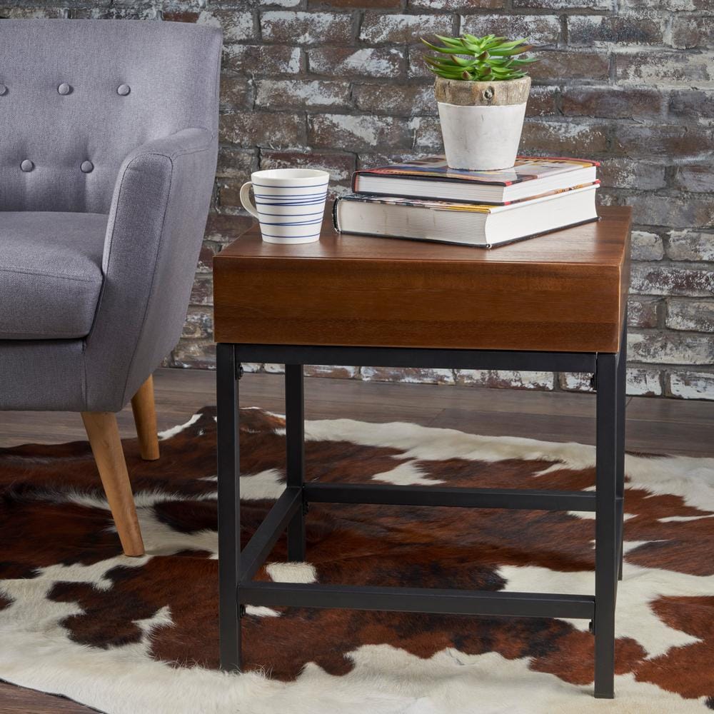 Dark Oak and Black Metal Industrial Storage Side Table
