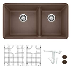 Precis 33 in. Undermount Double Bowl Cafe Granite Composite Kitchen Sink Kit with Accessories