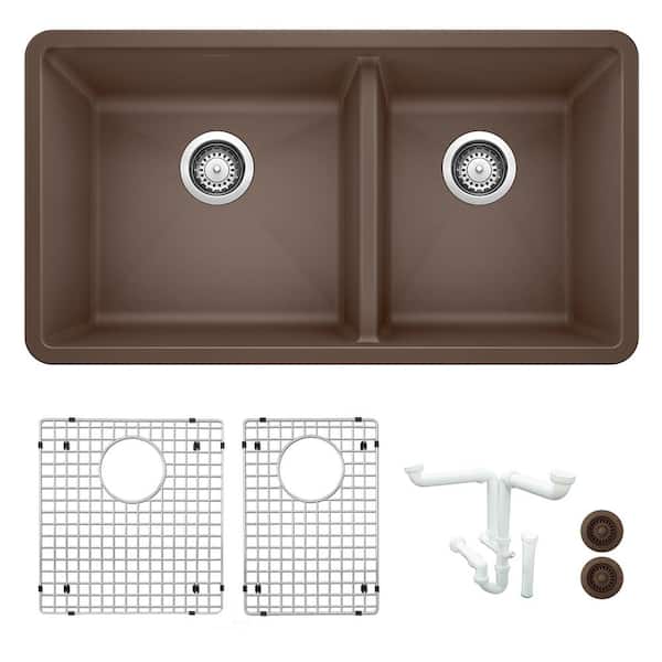 Blanco Precis 33 in. Undermount Double Bowl Cafe Granite Composite Kitchen Sink Kit with Accessories